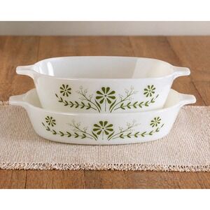 Vintage Glasbake Green Daisy Milk Glass Baking Dish Pair Farmhouse Cottage Set